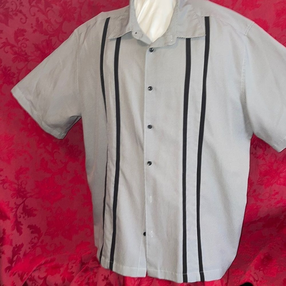 Cafe Luna Mens Polyester Button Down Shirt Tiny Houndstooth Black Stripes‎ XXL - Picture 2 of 9